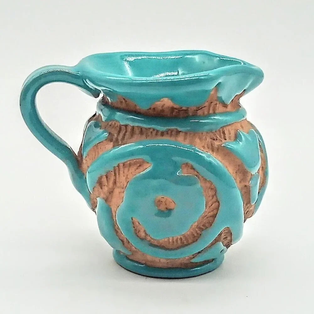 Vintage Sgraffito Italian Peasant Village Art Pottery Pitcher Creamer